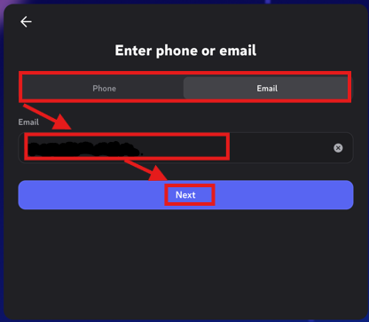 Discord registration screen choosing phone or email
