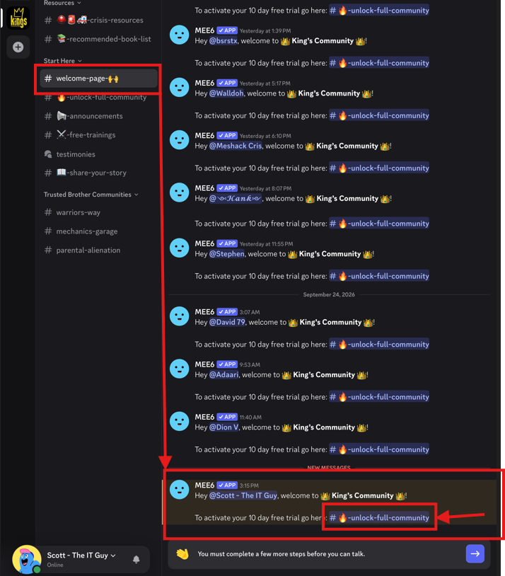 Discord unlock-full-community channel link in the welcome page