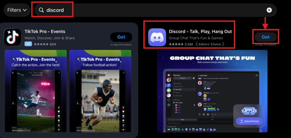 Discord in the mobile app store search results